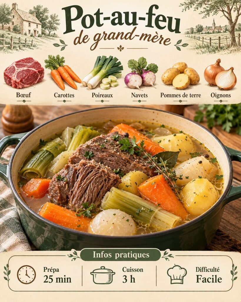 Pot-au-feu de grand-mère avec morceaux de bœuf tendre, carottes, poireaux, navets et pommes de terre servis dans un bouillon chaud.