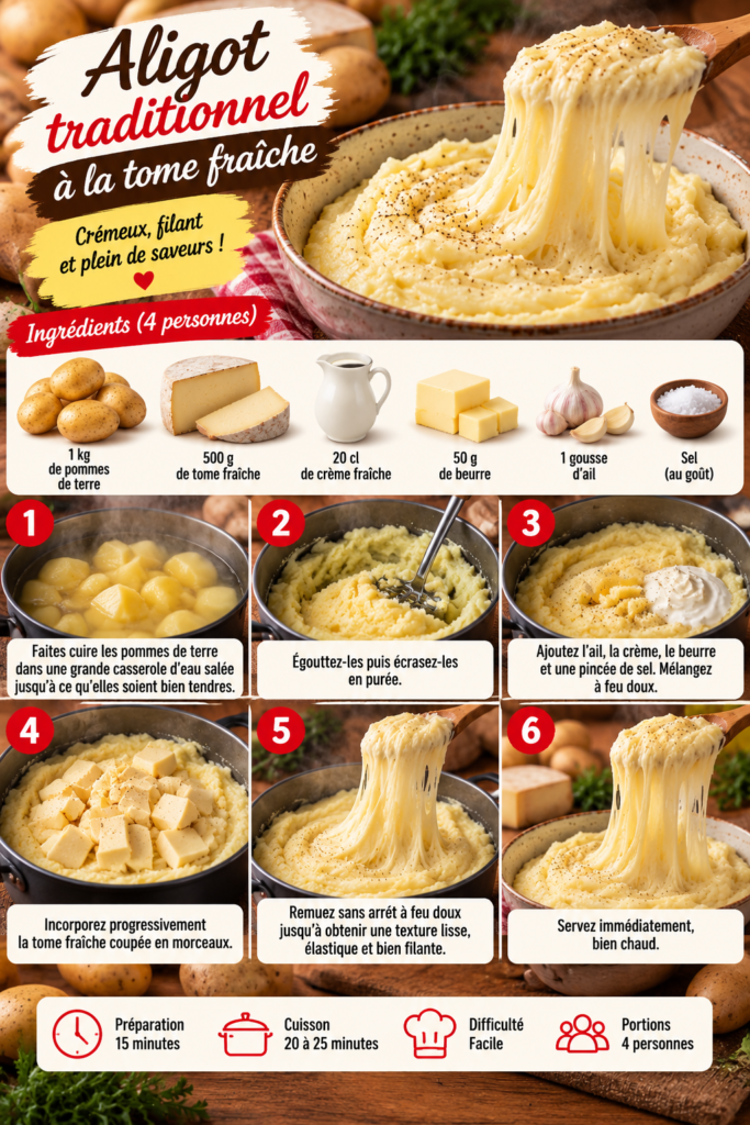 Aligot traditionnel très filant à base de pommes de terre, tome fraîche, crème, beurre et ail, servi chaud dans un plat rustique.