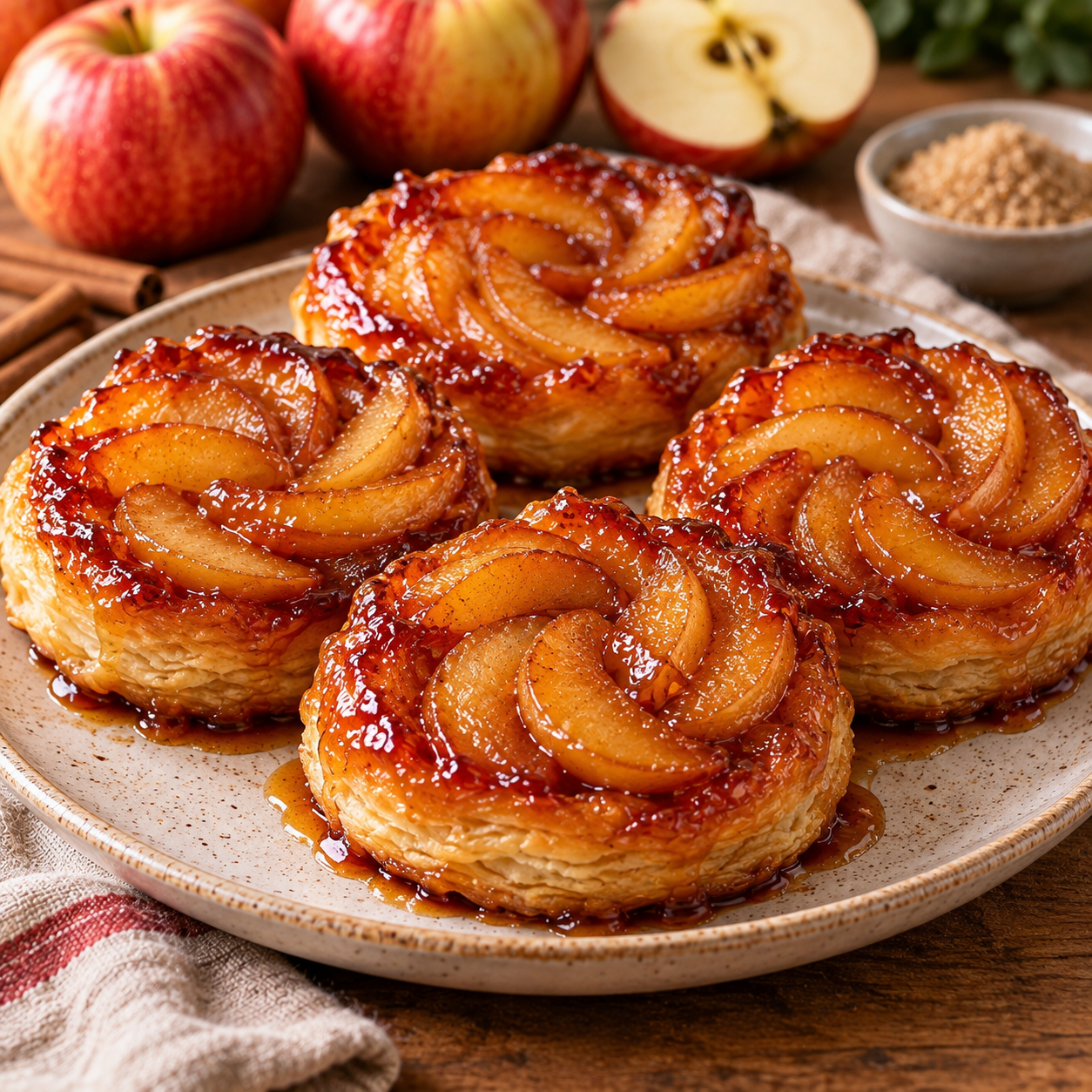 Mini-tatins aux pommes individuelles, avec pommes fondantes et caramélisées sur une pâte feuilletée dorée et croustillante.
