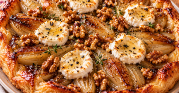 Tatin salée aux endives caramélisées, fromage de chèvre fondant, miel et noix croquantes, sur une pâte feuilletée dorée et croustillante, servie dans un plat rustique.