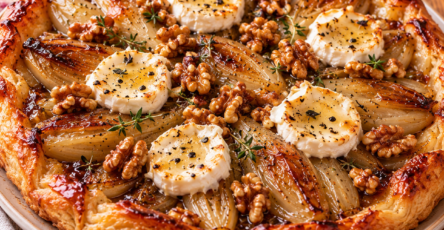 Tatin salée aux endives caramélisées, fromage de chèvre fondant, miel et noix croquantes, sur une pâte feuilletée dorée et croustillante, servie dans un plat rustique.