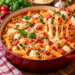 One-pot de penne à la tomate, mozzarella fondante, parmesan et basilic frais, servi chaud dans une cocotte.