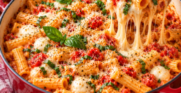 One-pot de penne à la tomate, mozzarella fondante, parmesan et basilic frais, servi chaud dans une cocotte.