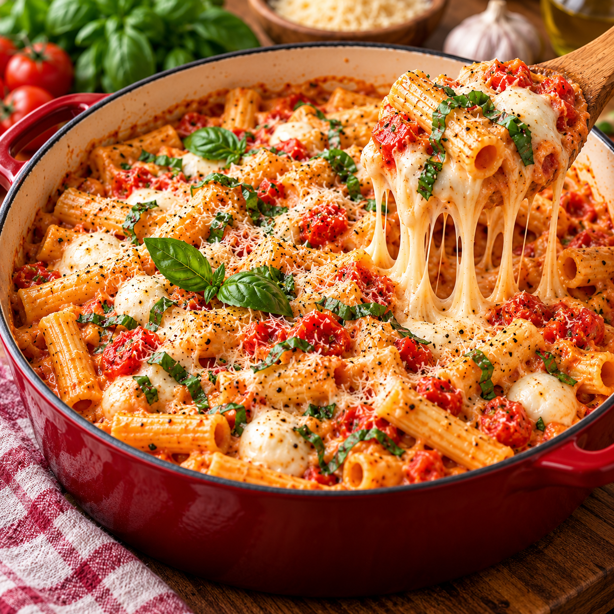 One-pot de penne à la tomate, mozzarella fondante, parmesan et basilic frais, servi chaud dans une cocotte.