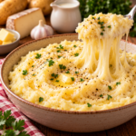 Aligot traditionnel très filant à base de pommes de terre, tome fraîche, crème, beurre et ail, servi chaud dans un plat rustique.