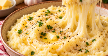 Aligot traditionnel très filant à base de pommes de terre, tome fraîche, crème, beurre et ail, servi chaud dans un plat rustique.