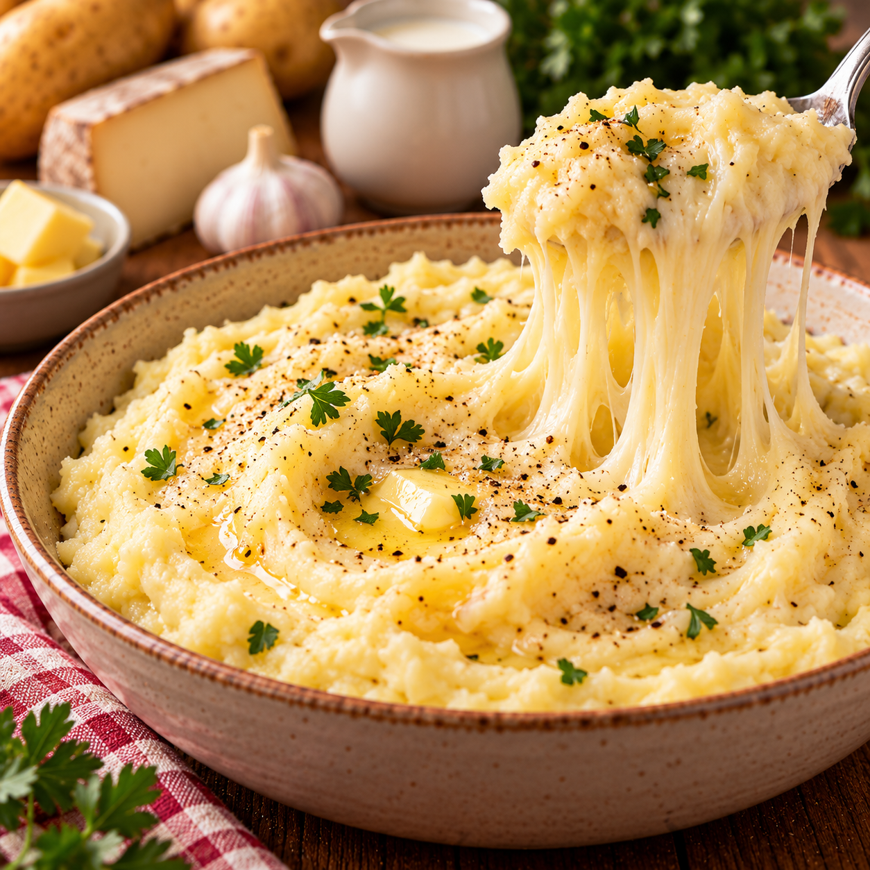 Aligot traditionnel très filant à base de pommes de terre, tome fraîche, crème, beurre et ail, servi chaud dans un plat rustique.