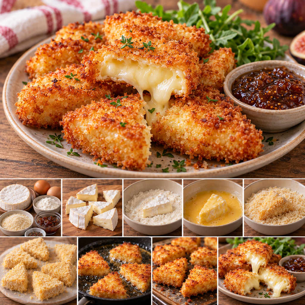 Bouchées de camembert panées dorées et croustillantes, ouvertes sur un cœur de fromage fondant, servies avec de la confiture de figues.