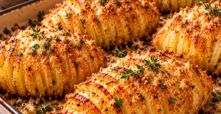 Pommes de terre à la suédoise dorées au four, garnies de parmesan, d’ail et de thym, avec des tranches fines et croustillantes.