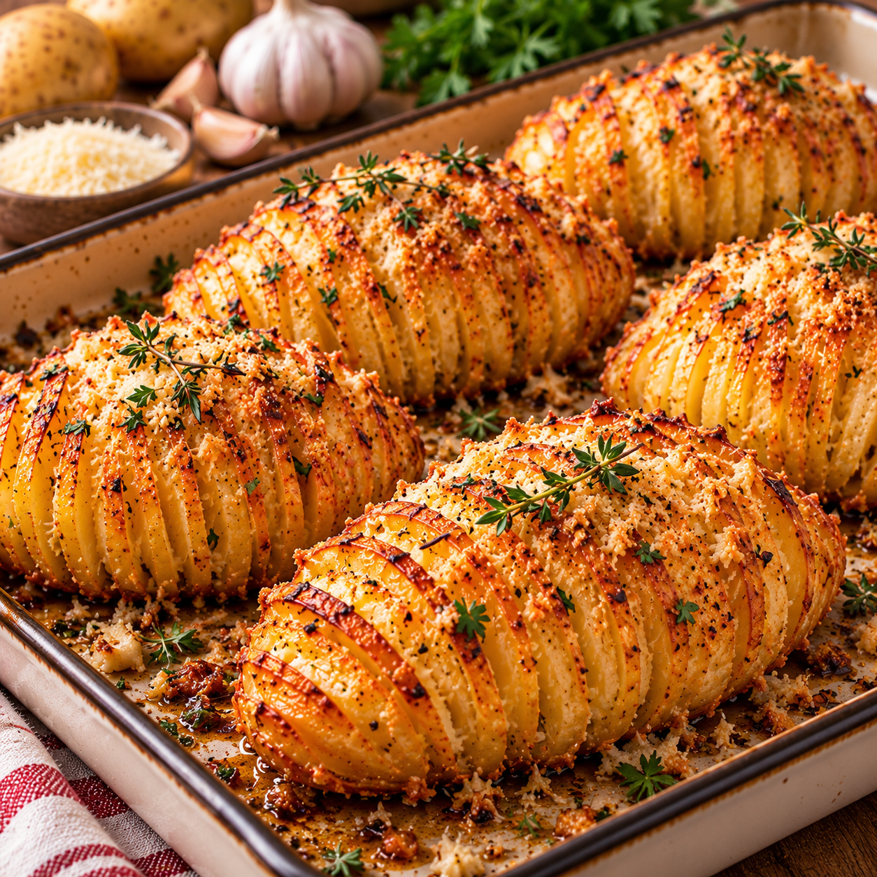Pommes de terre à la suédoise dorées au four, garnies de parmesan, d’ail et de thym, avec des tranches fines et croustillantes.