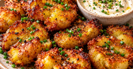 Pommes de terre grenaille écrasées et croustillantes au four, dorées à l’huile d’olive et au paprika fumé, accompagnées d’une sauce crémeuse au yaourt grec, citron, moutarde et ciboulette fraîche.