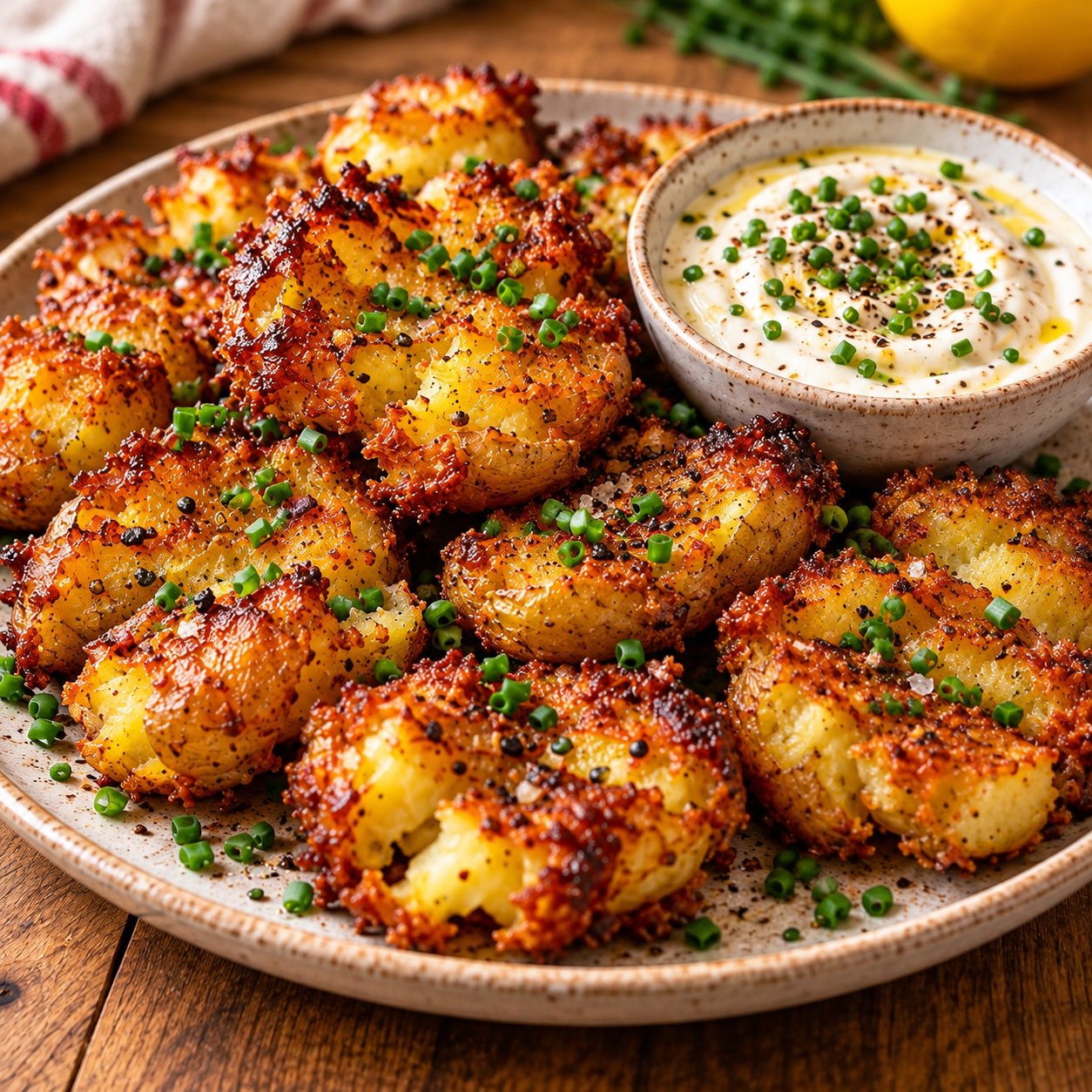 Pommes de terre grenaille écrasées et croustillantes au four, dorées à l’huile d’olive et au paprika fumé, accompagnées d’une sauce crémeuse au yaourt grec, citron, moutarde et ciboulette fraîche.