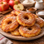 Beignets de pommes dorés à la poêle, saupoudrés de sucre glace et de cannelle, avec cœur fondant et pâte moelleuse.