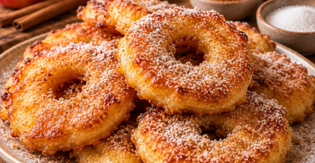 Beignets de pommes dorés à la poêle, saupoudrés de sucre glace et de cannelle, avec cœur fondant et pâte moelleuse.