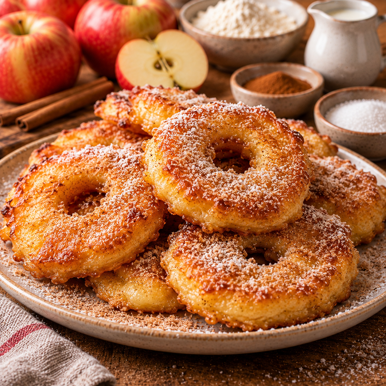 Beignets de pommes dorés à la poêle, saupoudrés de sucre glace et de cannelle, avec cœur fondant et pâte moelleuse.