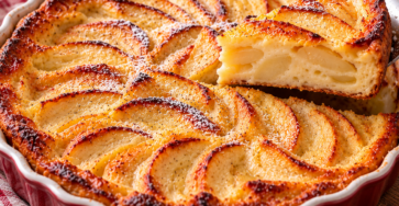 Clafoutis fondant aux pommes doré au four, parfumé à la vanille et au zeste de citron, servi en parts dans un plat familial.