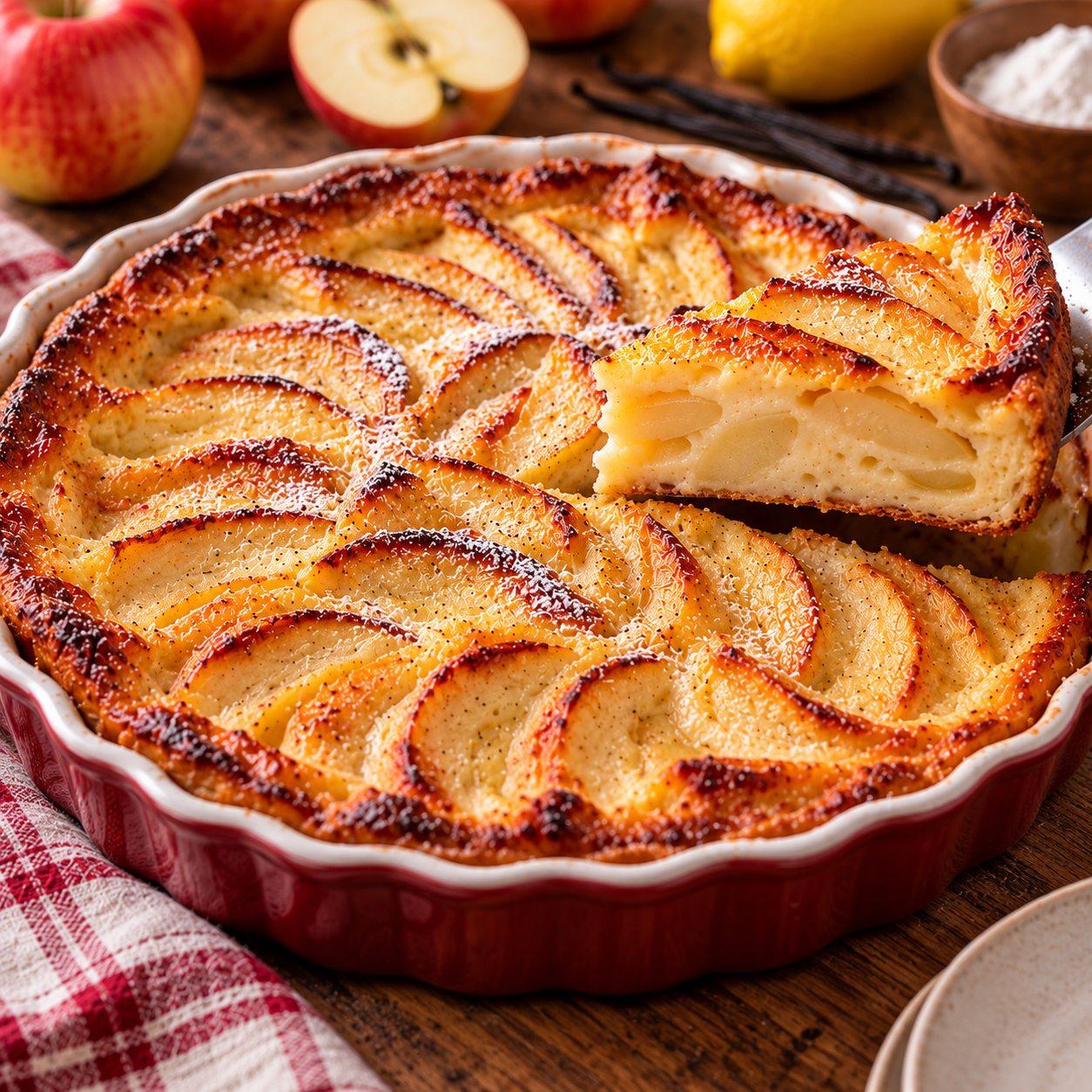 Clafoutis fondant aux pommes doré au four, parfumé à la vanille et au zeste de citron, servi en parts dans un plat familial.