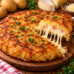 Galette de pommes de terre râpées bien dorée à la poêle, coupée pour révéler un cœur généreux de reblochon fondu.