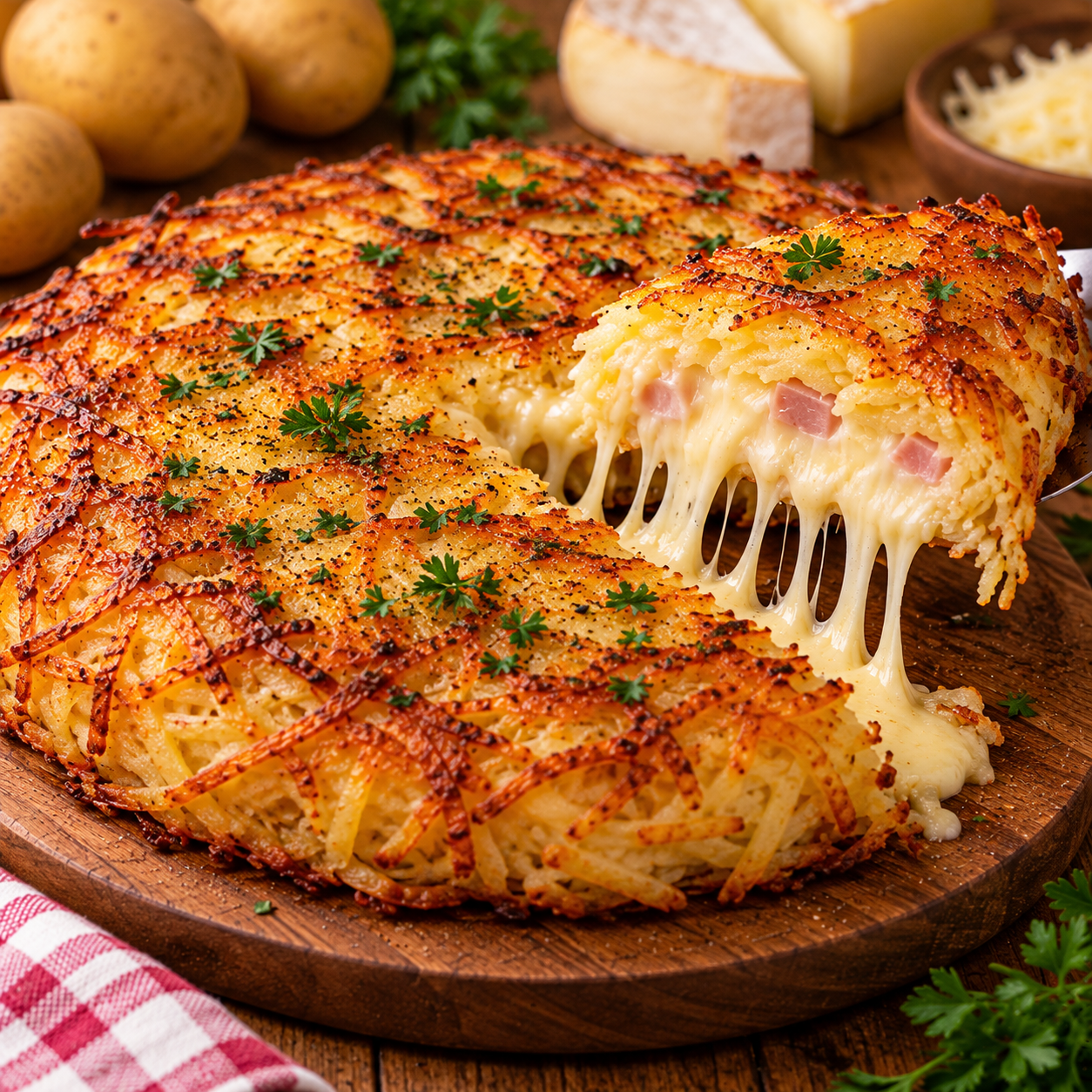 Galette de pommes de terre râpées bien dorée à la poêle, coupée pour révéler un cœur généreux de reblochon fondu.