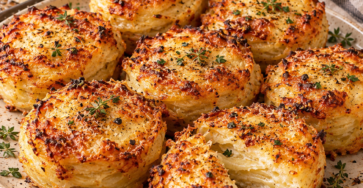 Mini-gratins dauphinois individuels dorés dans des moules à muffins, avec fines couches de pommes de terre, crème et gruyère fondu.