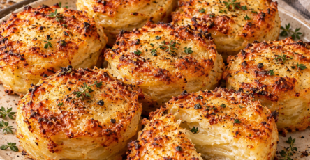 Mini-gratins dauphinois individuels dorés dans des moules à muffins, avec fines couches de pommes de terre, crème et gruyère fondu.