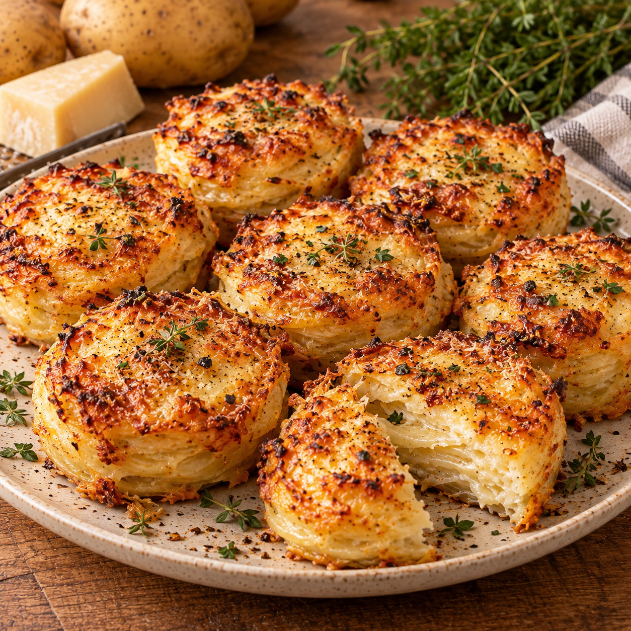 Mini-gratins dauphinois individuels dorés dans des moules à muffins, avec fines couches de pommes de terre, crème et gruyère fondu.