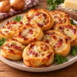 Roulés de tarte flambée en pâte feuilletée, dorés et croustillants, garnis de lardons, d’oignons émincés et de gruyère fondu, disposés sur un plateau pour l’apéritif.