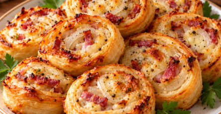 Roulés de tarte flambée en pâte feuilletée, dorés et croustillants, garnis de lardons, d’oignons émincés et de gruyère fondu, disposés sur un plateau pour l’apéritif.