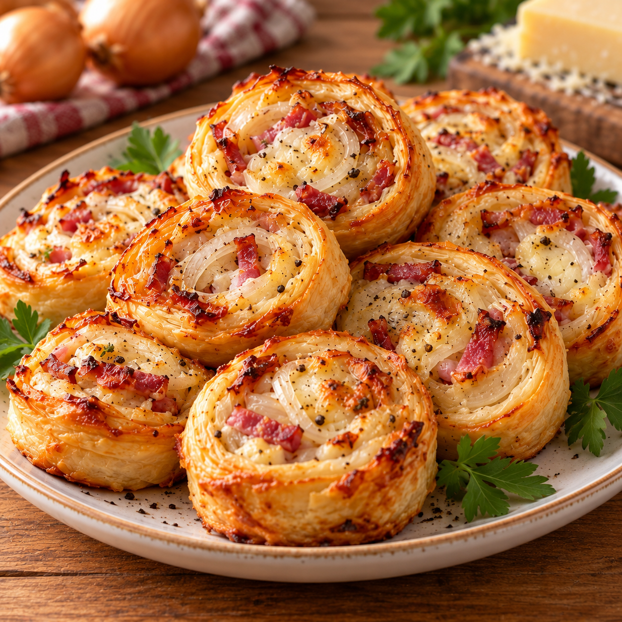Roulés de tarte flambée en pâte feuilletée, dorés et croustillants, garnis de lardons, d’oignons émincés et de gruyère fondu, disposés sur un plateau pour l’apéritif.