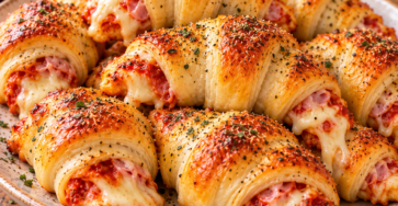 Mini-croissants feuilletés façon pizza garnis de jambon, mozzarella fondante, sauce tomate et origan, dorés au four.