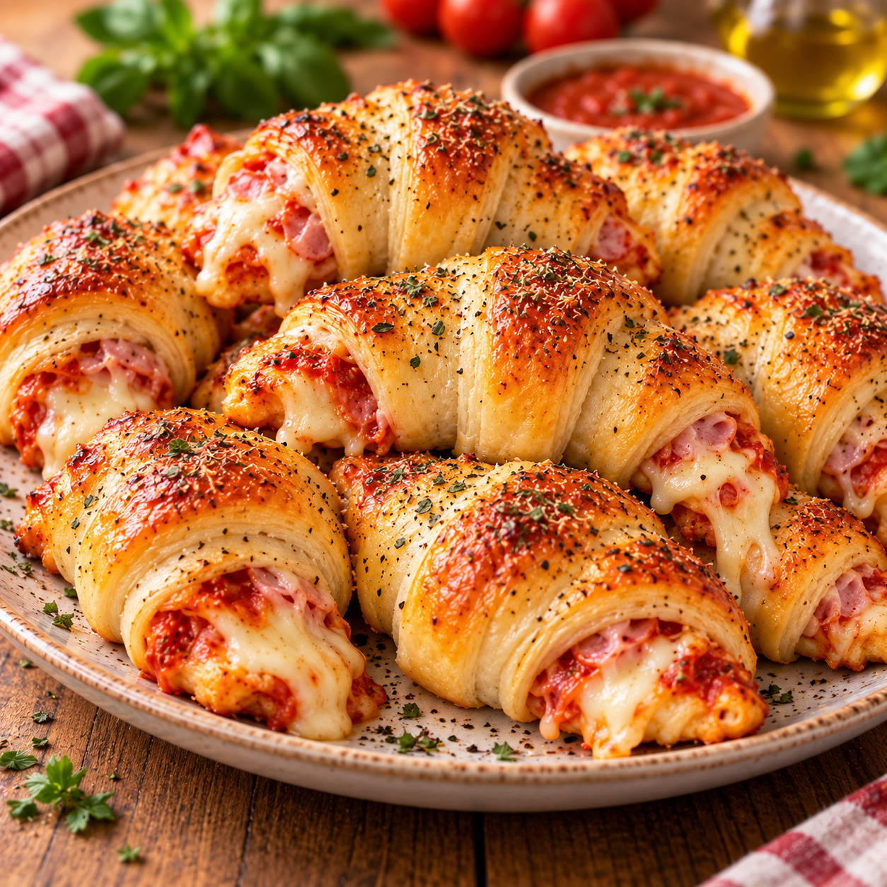 Mini-croissants feuilletés façon pizza garnis de jambon, mozzarella fondante, sauce tomate et origan, dorés au four.