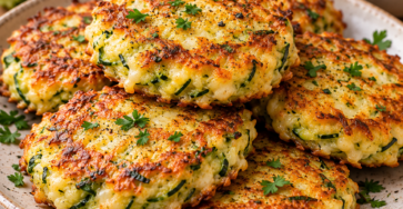 Röstis de courgette dorés et croustillants, garnis de mozzarella fondante, d’ail et de persil, servis chauds à la poêle.