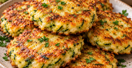 Röstis de courgette dorés et croustillants, garnis de mozzarella fondante, d’ail et de persil, servis chauds à la poêle.