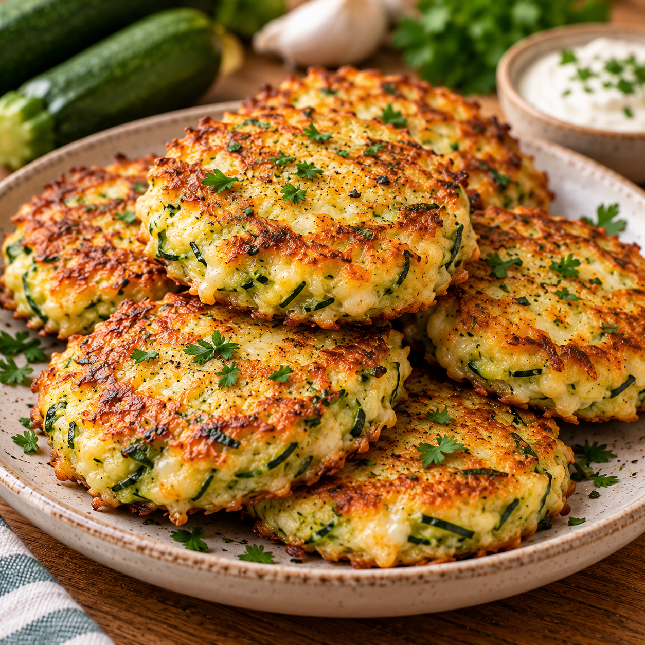 Röstis de courgette dorés et croustillants, garnis de mozzarella fondante, d’ail et de persil, servis chauds à la poêle.
