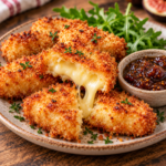 Bouchées de camembert panées dorées et croustillantes, ouvertes sur un cœur de fromage fondant, servies avec de la confiture de figues.