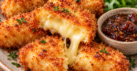 Bouchées de camembert panées dorées et croustillantes, ouvertes sur un cœur de fromage fondant, servies avec de la confiture de figues.
