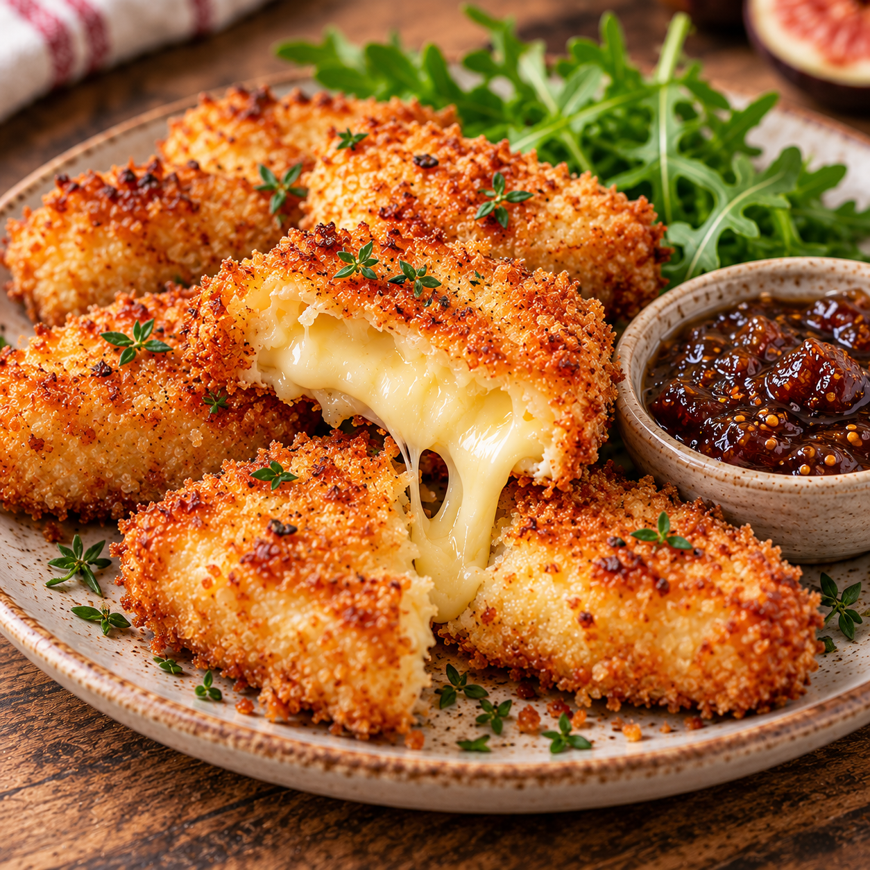 Bouchées de camembert panées dorées et croustillantes, ouvertes sur un cœur de fromage fondant, servies avec de la confiture de figues.