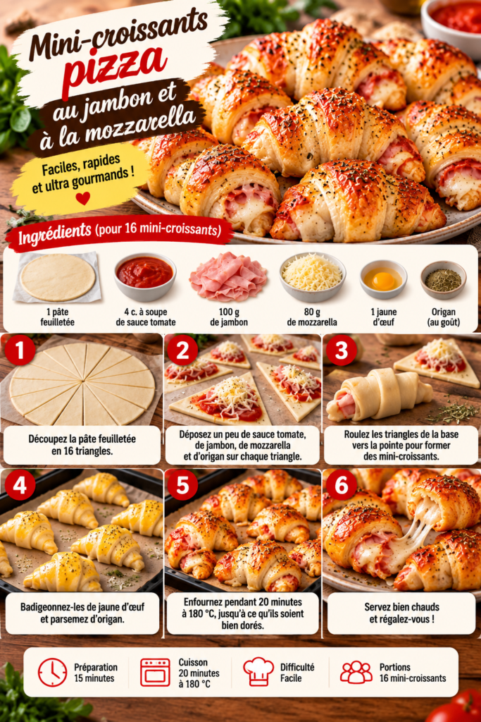 Mini-croissants feuilletés façon pizza garnis de jambon, mozzarella fondante, sauce tomate et origan, dorés au four.