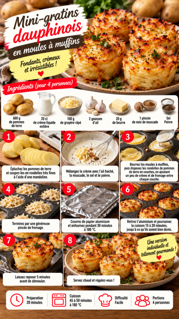 Mini-gratins dauphinois individuels dorés dans des moules à muffins, avec fines couches de pommes de terre, crème et gruyère fondu.