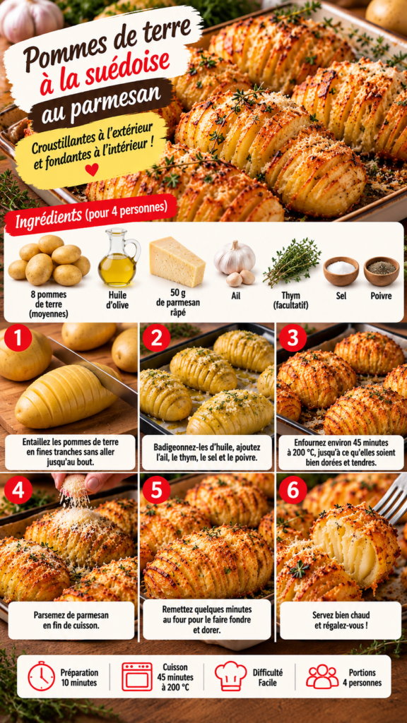 Pommes de terre à la suédoise dorées au four, garnies de parmesan, d’ail et de thym, avec des tranches fines et croustillantes.