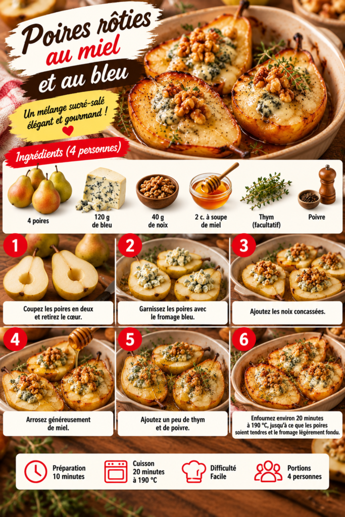 Demi-poires rôties au four garnies de fromage bleu, noix concassées, miel et thym, servies encore chaudes.