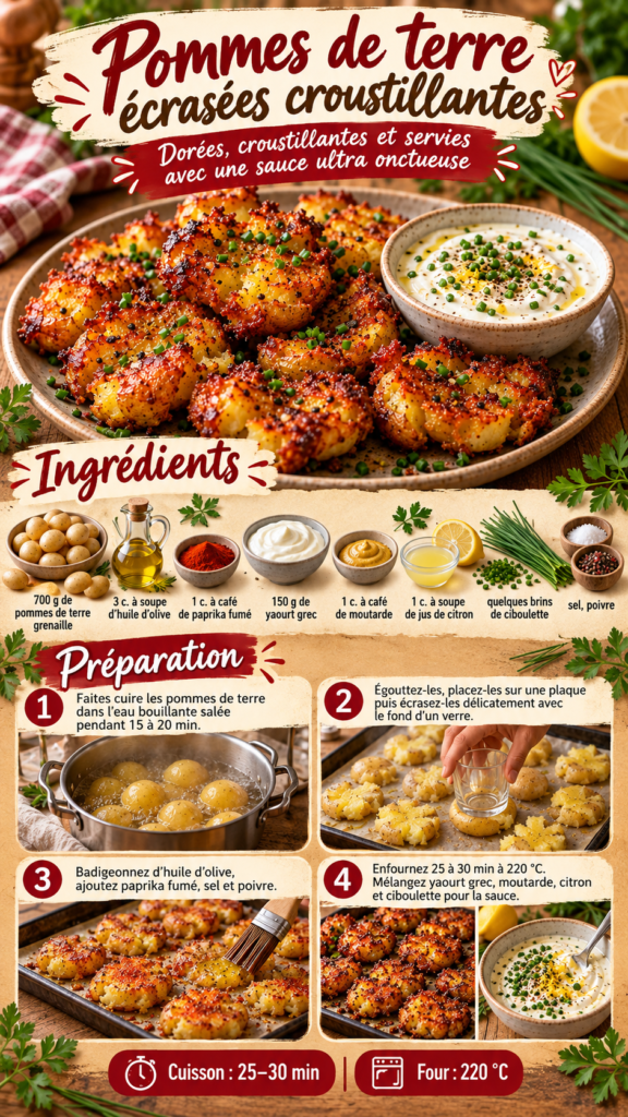 Pommes de terre grenaille écrasées et croustillantes au four, dorées à l’huile d’olive et au paprika fumé, accompagnées d’une sauce crémeuse au yaourt grec, citron, moutarde et ciboulette fraîche.