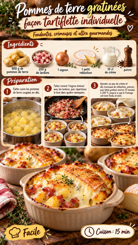 Ramequins de pommes de terre façon tartiflette individuelle, garnis de lardons, oignon, crème et reblochon bien fondu et doré.