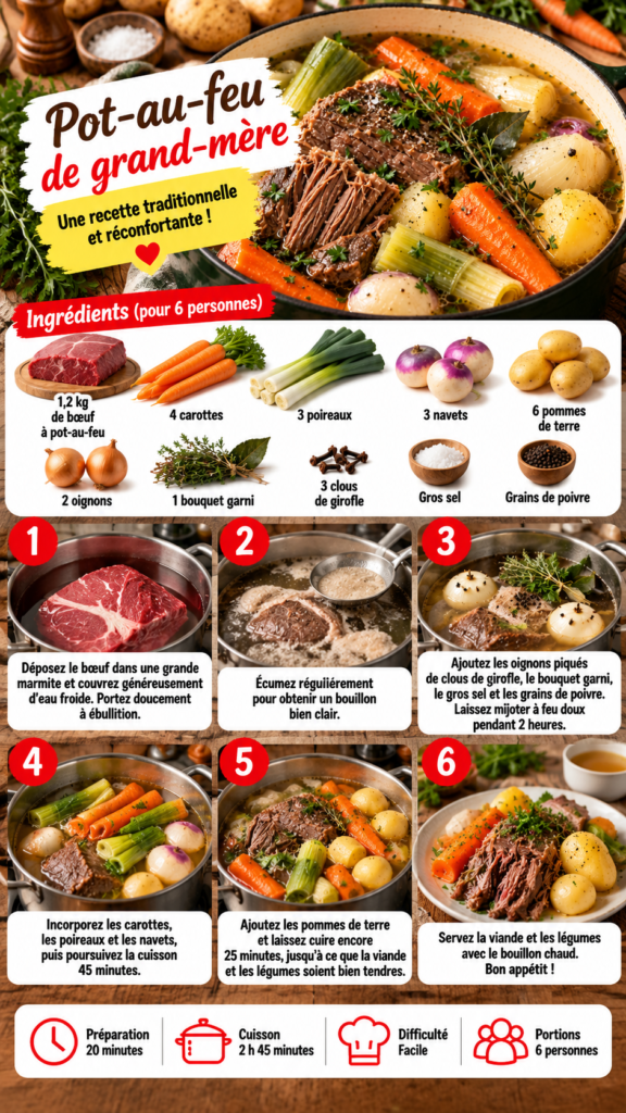 Pot-au-feu de grand-mère avec morceaux de bœuf tendre, carottes, poireaux, navets et pommes de terre servis dans un bouillon chaud.