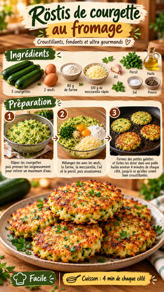 Röstis de courgette dorés et croustillants, garnis de mozzarella fondante, d’ail et de persil, servis chauds à la poêle.