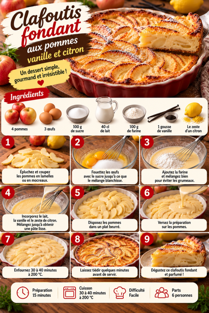 Clafoutis fondant aux pommes doré au four, parfumé à la vanille et au zeste de citron, servi en parts dans un plat familial.