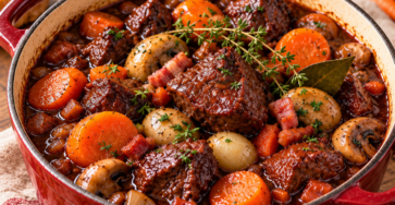 Bœuf bourguignon mijoté en cocotte avec carottes, champignons, lardons et sauce au vin rouge épaisse et brillante.