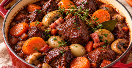 Bœuf bourguignon mijoté en cocotte avec carottes, champignons, lardons et sauce au vin rouge épaisse et brillante.