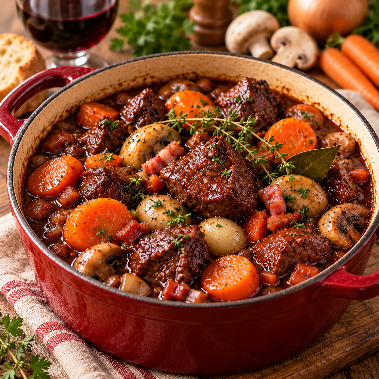 Bœuf bourguignon mijoté en cocotte avec carottes, champignons, lardons et sauce au vin rouge épaisse et brillante.