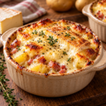 Ramequins de pommes de terre façon tartiflette individuelle, garnis de lardons, oignon, crème et reblochon bien fondu et doré.